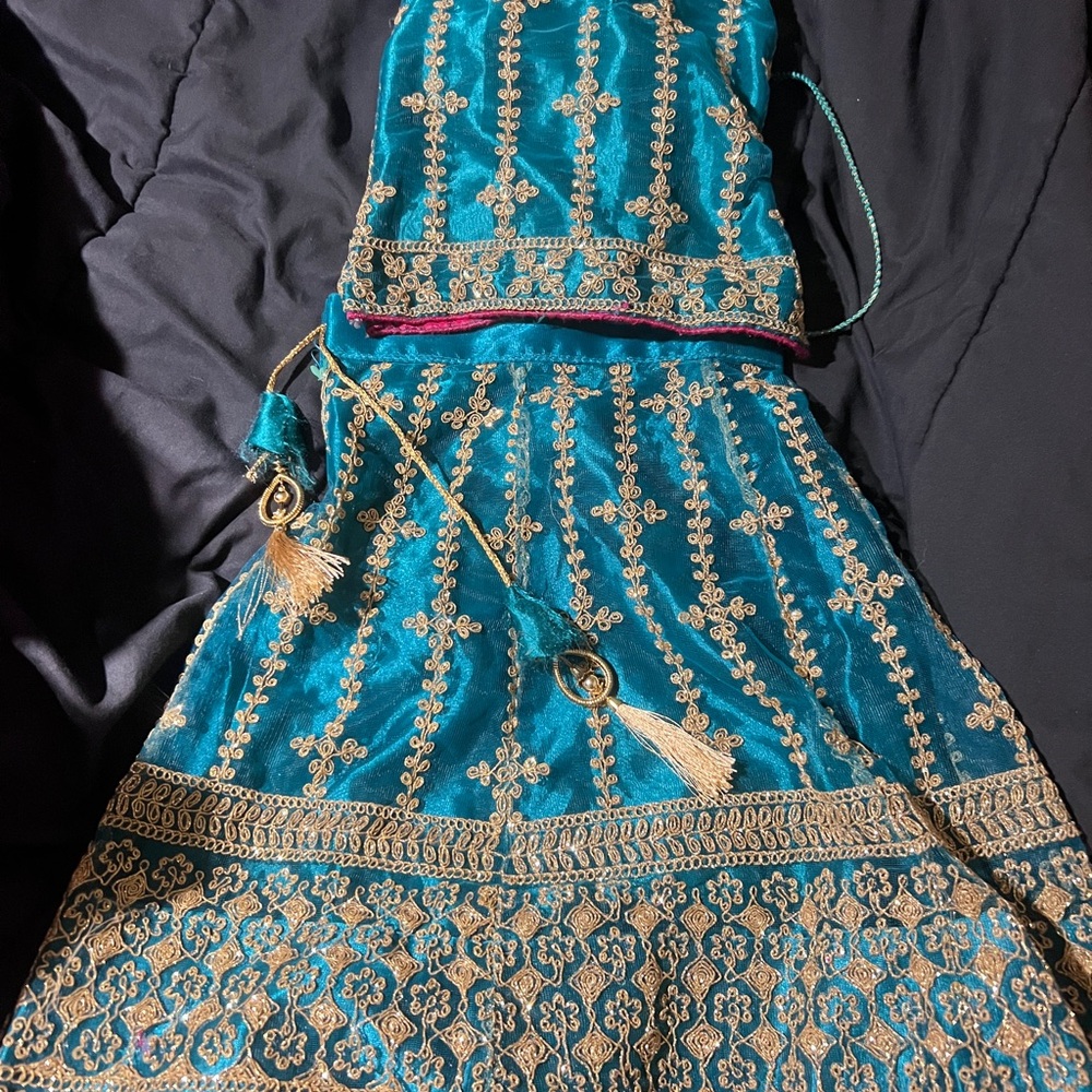 Elegant Teal and Gold Embroidered Lehenga choli sari